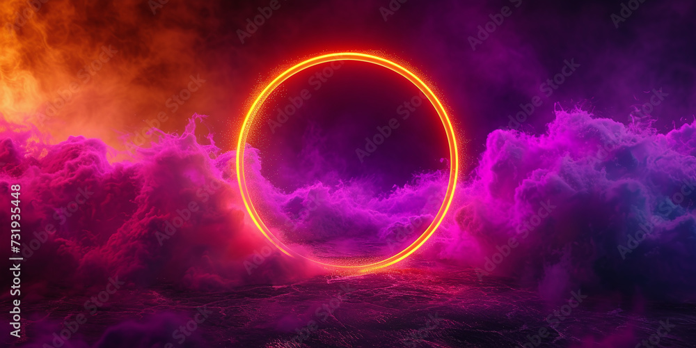 neon circle of light and smoke or clouds neon circle of light and smoke or clouds