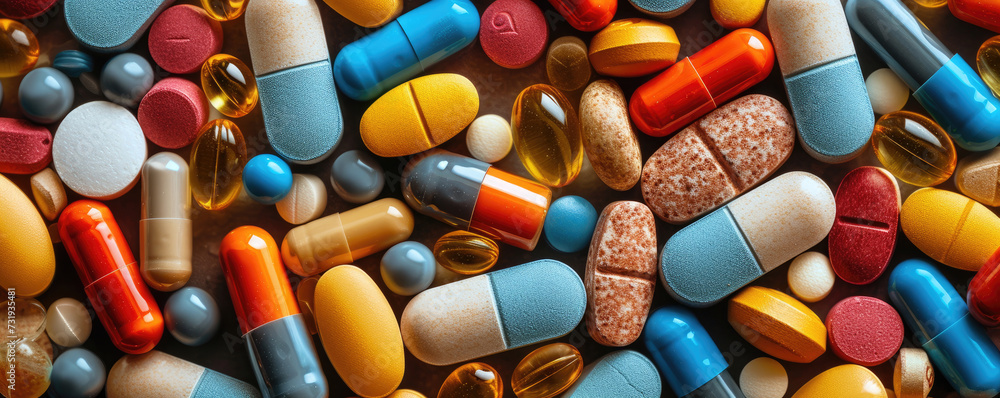 close-up of various pharmaceutical pills and capsules spread out, highlighting the range of modern medicine