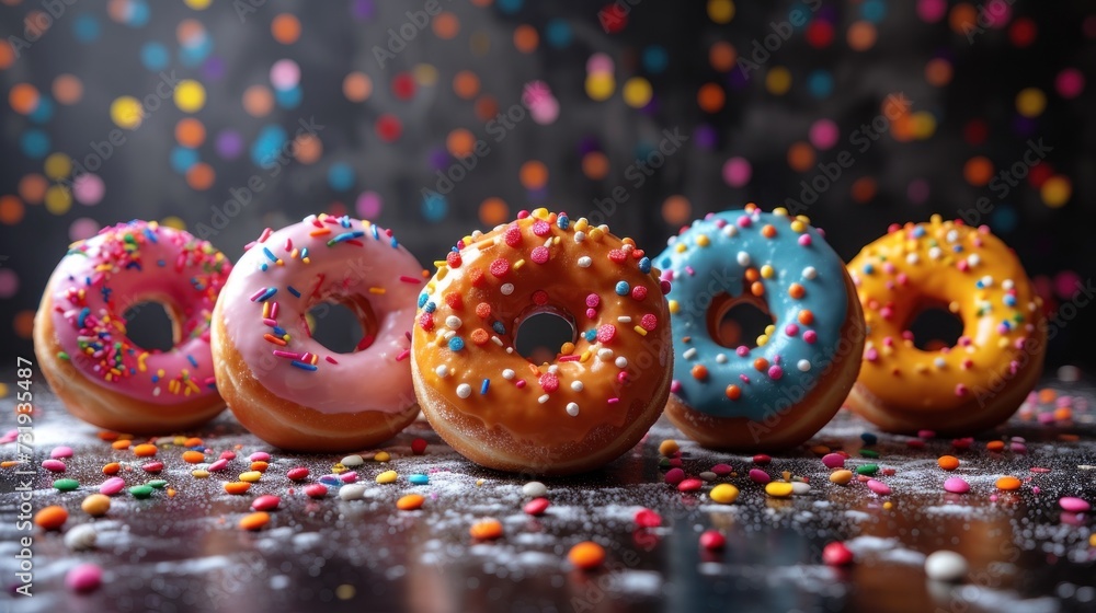 a row of five doughnuts with sprinkles on a table with confetti around them.