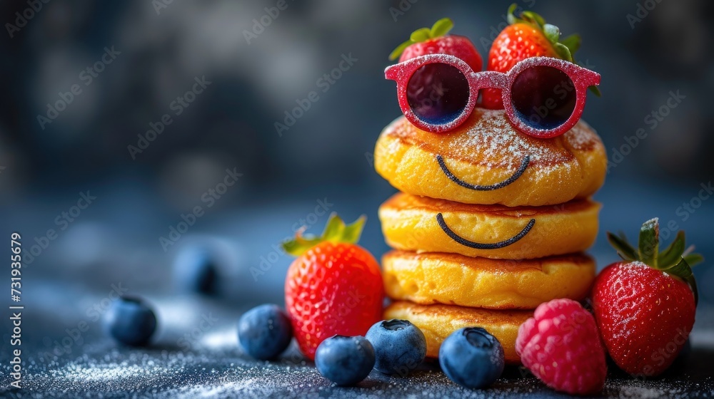 a stack of fruit with a smiley face on top of it and some strawberries and blueberries around it.
