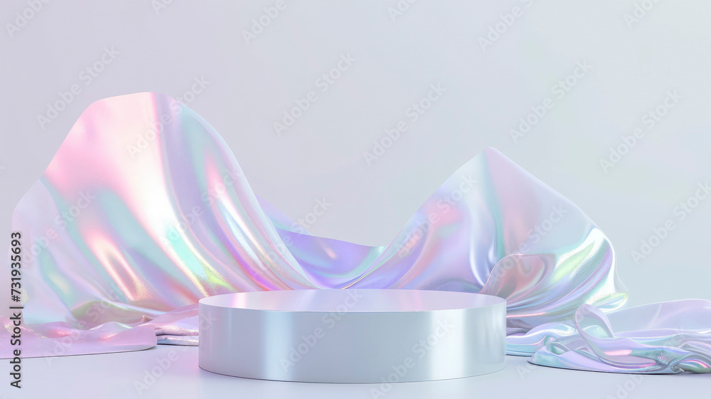 Podium platform for advertising a cosmetic product on a white background. with holographic floating fabric mocku