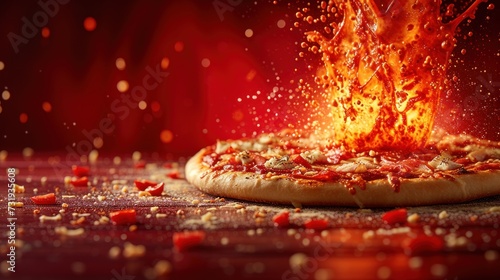 a close up of a pizza on a table with a fire coming out of the top of it on fire.