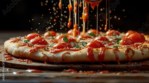 a close up of a pizza being drizzled with ketchup on a wooden board on a table.