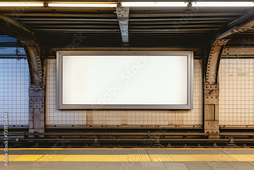 Fototapeta Naklejka Na Ścianę i Meble -  Subway Billboard Canvas: A pristine white billboard awaits your message in the heart of a bustling subway station, offering prime advertising space for urban audiences.