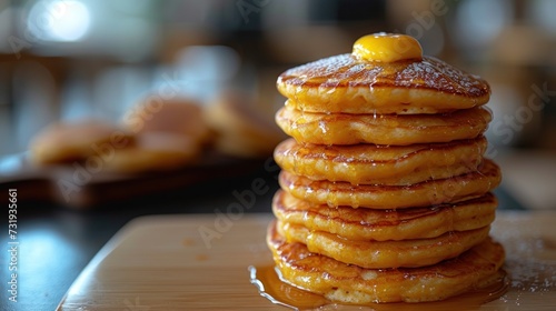 a stack of pancakes sitting on top of a wooden table next to a pile of doughnuts on top of a table. photo