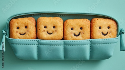 a group of cookies in a blue bag with faces drawn on them and eyes drawn on the inside of the bag. photo