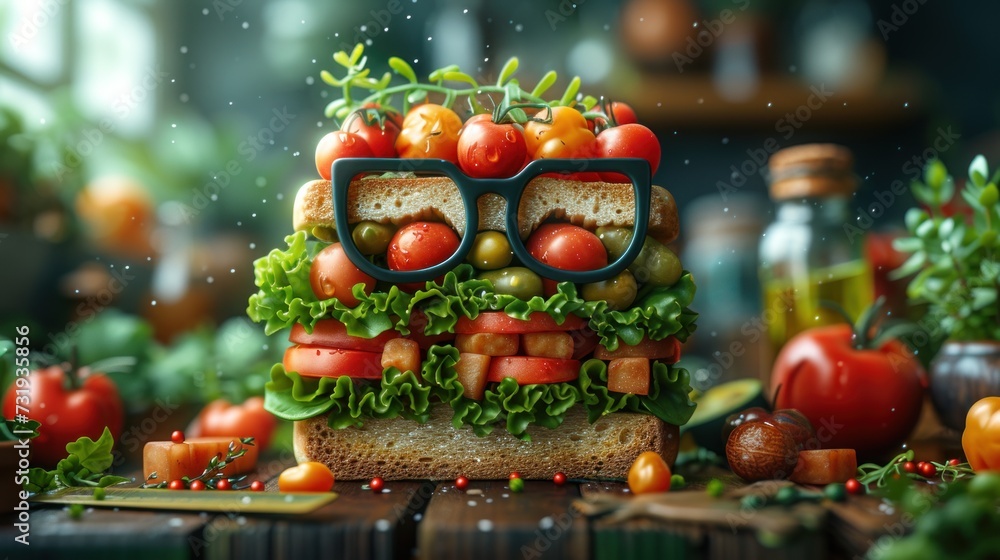 a sandwich made out of tomatoes, lettuce, tomatoes, and other veggies on a table.