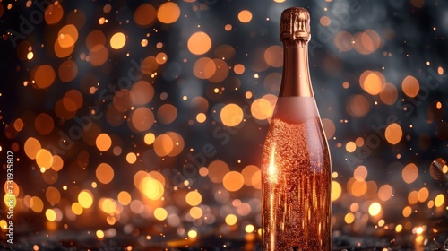 a close up of a bottle of wine on a table with a blurry background of lights in the background.