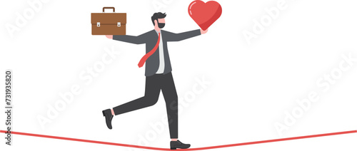 Work life balance, working lifestyle compromise with family or personal health, choice or balance between work stress and relaxation concept, businessman balance himself with heart and briefcase.

