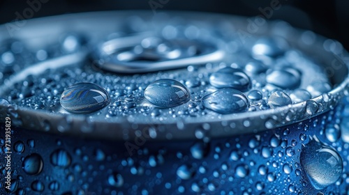 a close up of a can of soda with drops of water on the top of the can and on the bottom of the can.