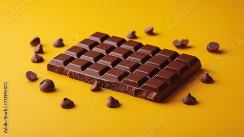 a piece of chocolate sitting on top of a table next to a pile of small pieces of chocolate on a yellow surface. photo