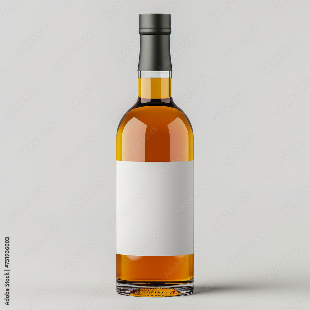 Mock up of whiskey bottle with white label isolated on white background Mock up of whiskey bottle with white label isolated on white background