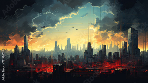 Urban skyline of busy city in the future. City dwellers are busy with daily affairs.