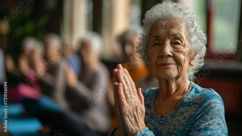 Elderly Yoga Class. Active Aging in Tranquility: Radiate peace and the mindful essence of an elderly yoga class—perfect for wellness and elder care projects