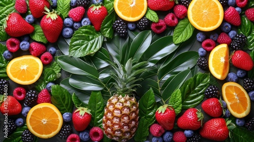 a pineapple surrounded by berries  oranges  raspberries  strawberries  and blueberries in a circle.