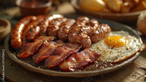 a plate of bacon, eggs, and sausages on a table with other plates of food in the background. photo