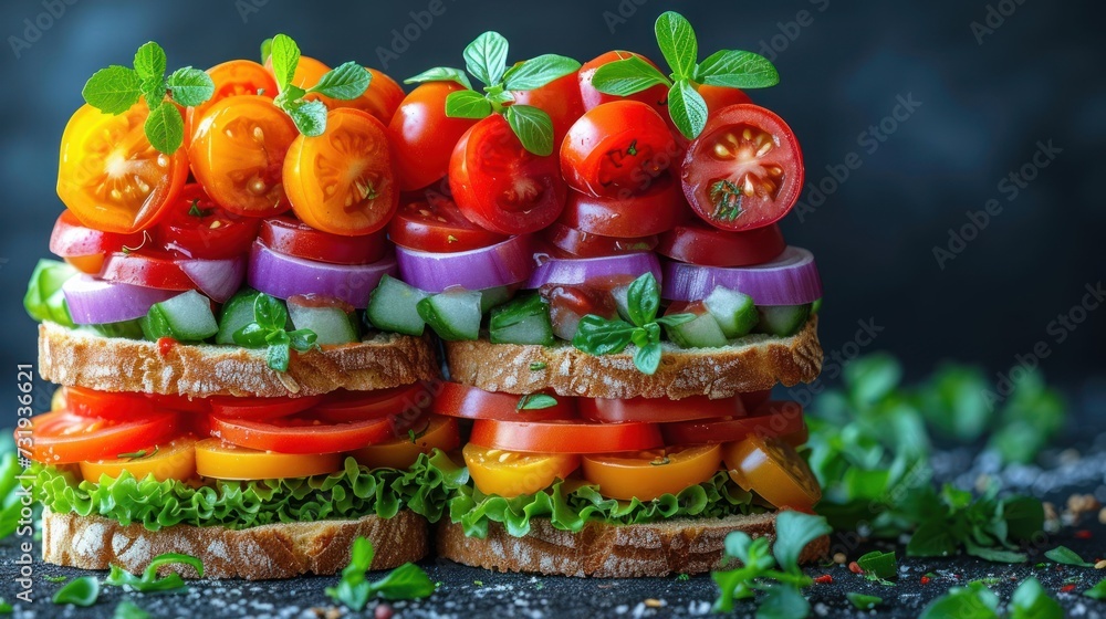 a close up of a sandwich made out of tomatoes, cucumbers, lettuce and tomato slices. a close up of a sandwich made out of tomatoes, cucumbers, lettuce and tomato slices.