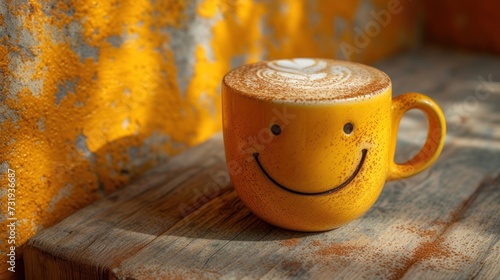 a yellow coffee cup with a smiley face painted on it's side sitting on a wooden table next to a yellow curtain. photo