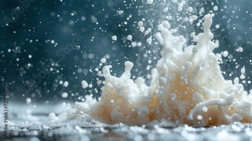 a splash of milk is coming out of a glass of milk on a dark background with a splash of milk in the foreground.