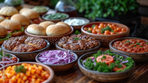 a wooden table topped with lots of bowls filled with different types of food next to buns and burgers.