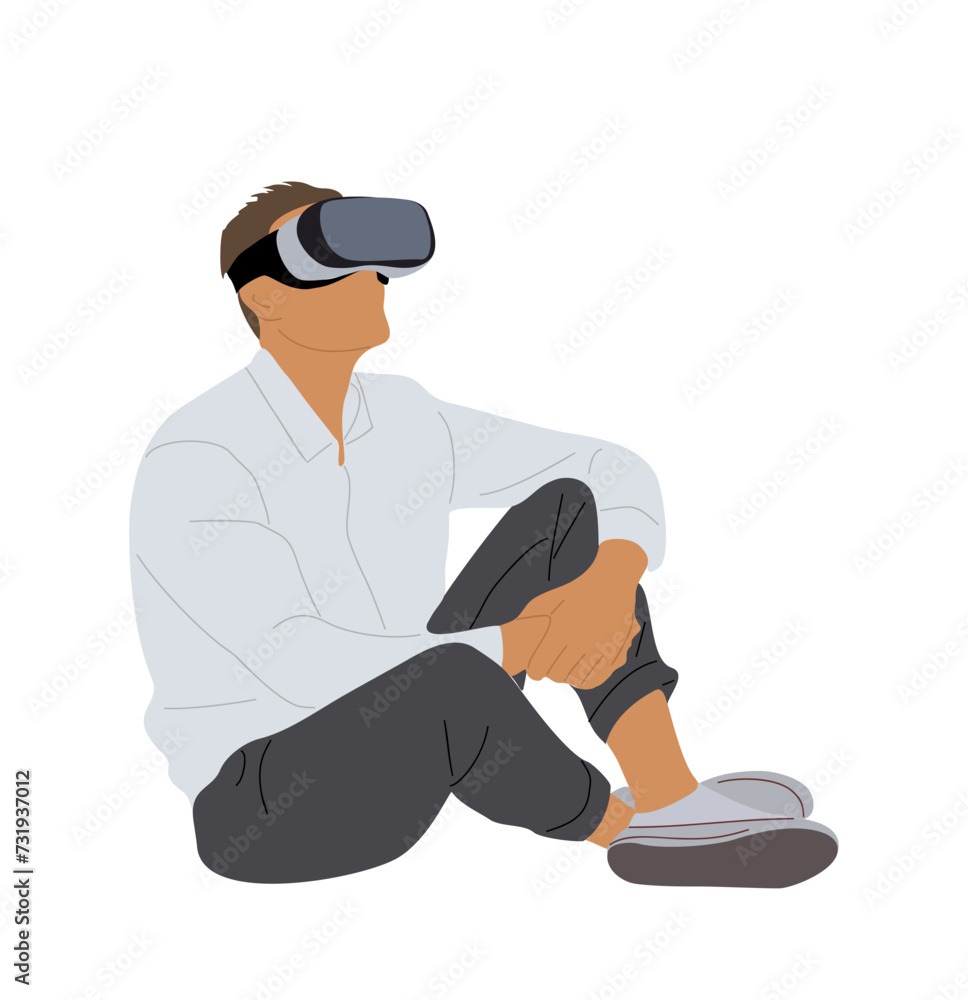 Business man sitting on the floor in virtual reality headset. Handsome man in white shirt wearing digital glasses travel in metaverse. Vector illustration isolated on white background.