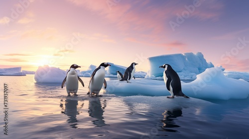 Professional photograph of penguins standing on floating ice sheet in the arctic ocean.