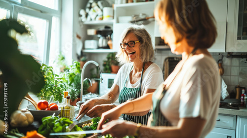 In a homely kitchen, women come together to cook, their smiles and laughter adding warmth to their culinary creations, epitomizing a healthy and joyful lifestyle