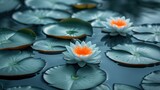 a group of water lilies floating on top of a pond filled with lily pads and orange and white flowers.