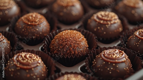 a close up of a tray of chocolates with gold sprinkles on top of each of the chocolates. photo