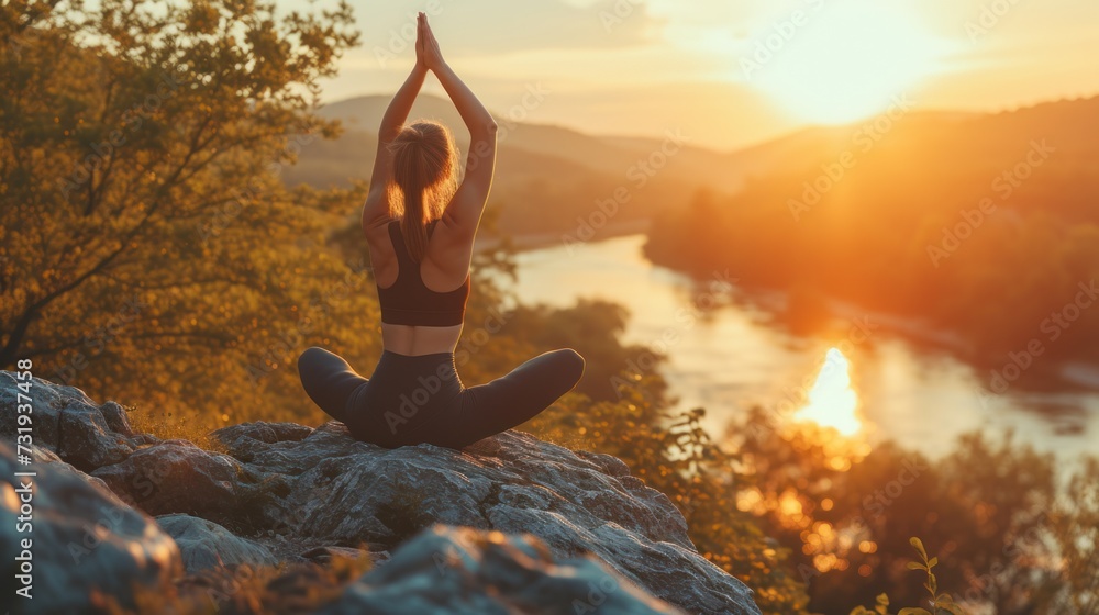 back of woman in gym clothes Doing yoga poses in tree pose on rocks with river and mountain views at sunset. concept of exercise in nature,copy space.