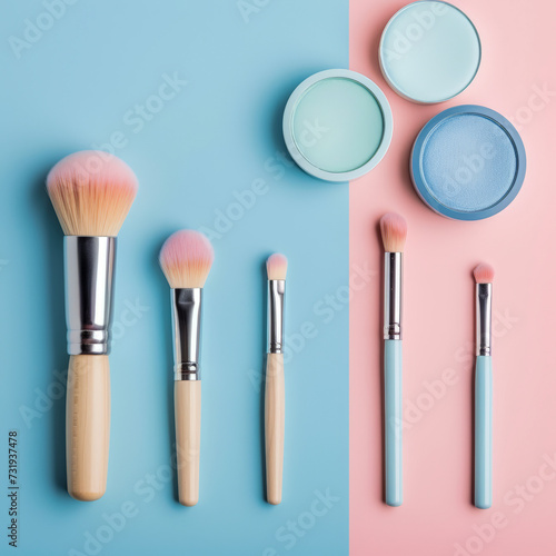 Makeup cosmetic beauty set on to a pastel colored background, beauty blogger concept, top view