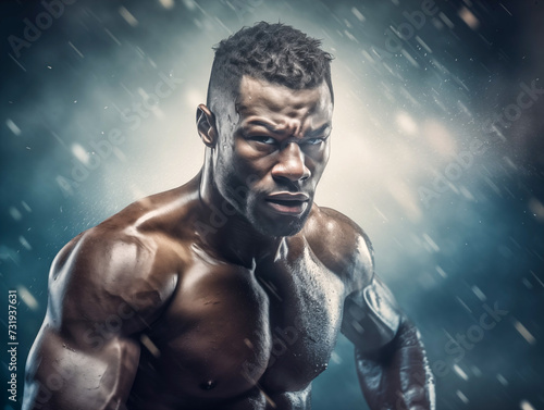 African American male boxer looking to the camera fiercely, fighter posing confidently, boxing athlete shirtless, martial art concept, Muay Thai