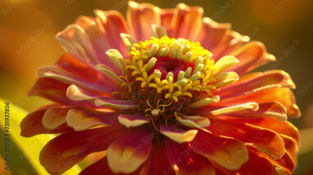 The intricate patterns and vibrant colors of a zinnia bloom each petal standing out when backlit by the golden sunlight. The intricate patterns and vibrant colors of a zinnia bloom each petal standing out when backlit by the golden sunlight.
