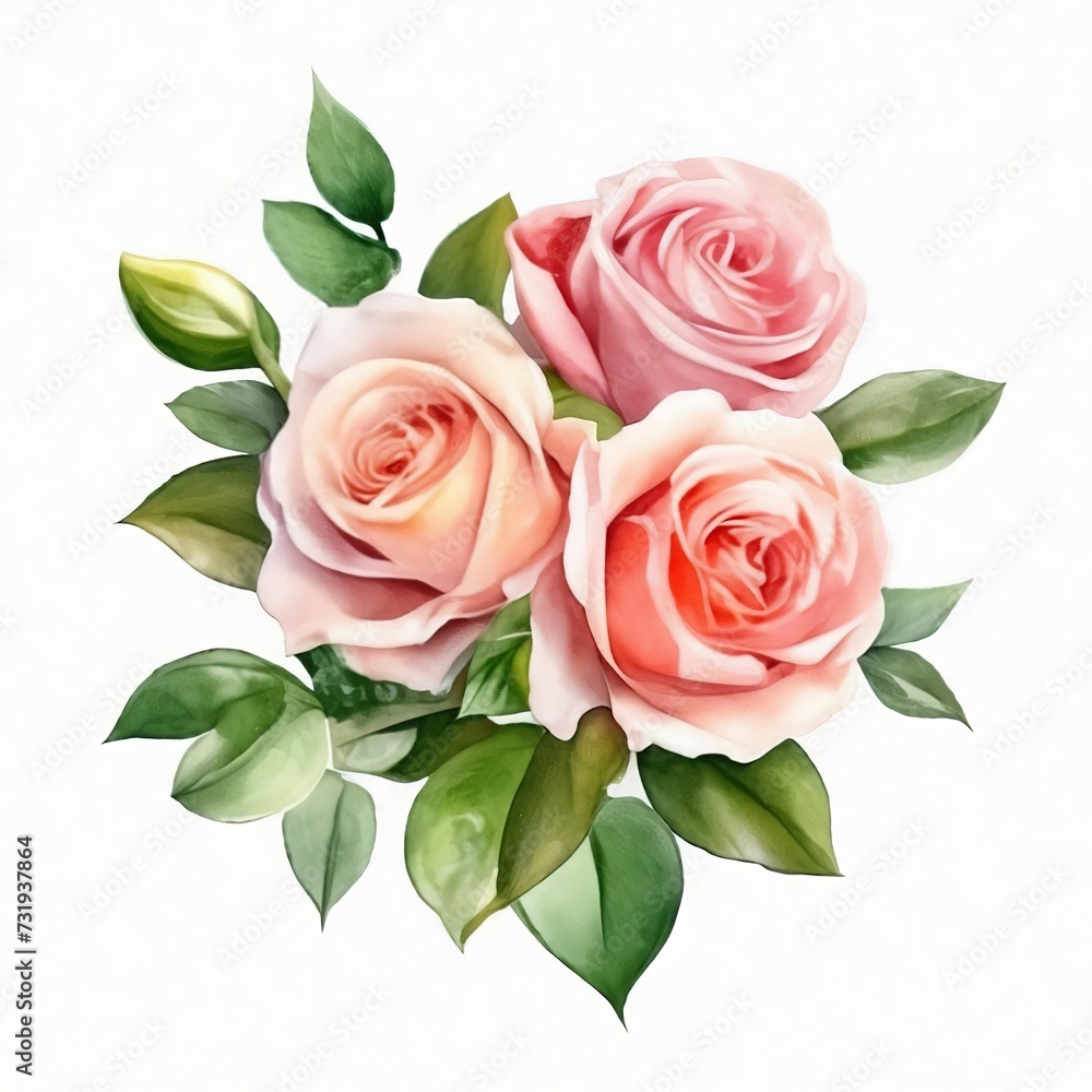 bouquet of pink roses flowers watercolor isolated on white background.