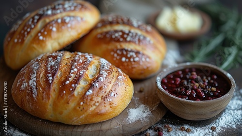 a wooden plate topped with loaves of bread next to a bowl of cranberries and powdered sugar. photo