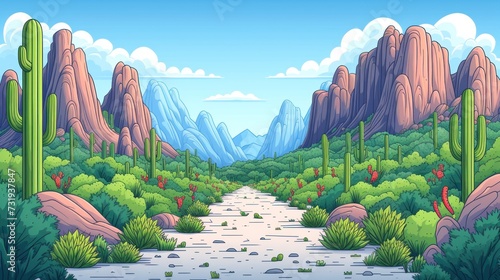 a painting of a desert landscape with cactus, mountains, and a river running through the center of the picture. photo