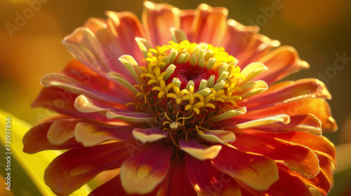 The intricate patterns and vibrant colors of a zinnia bloom each petal standing out when backlit by the golden sunlight.
