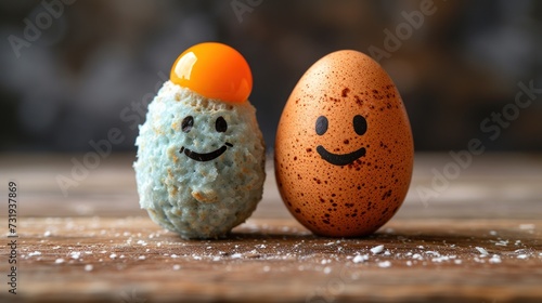two eggs with faces painted on them sitting next to each other on a wooden table with snow on the ground. photo