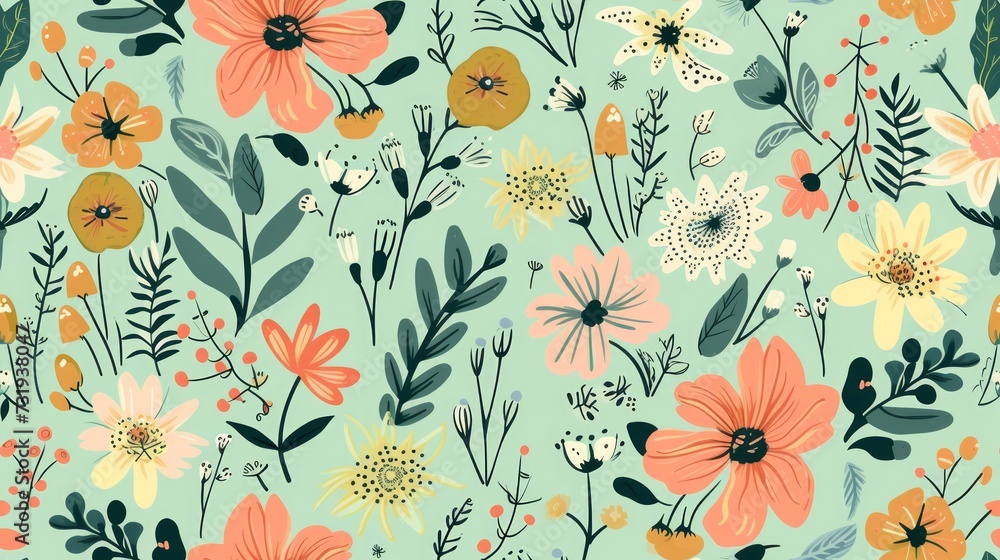 flower, doodle, seamless pattern, on green pastel background