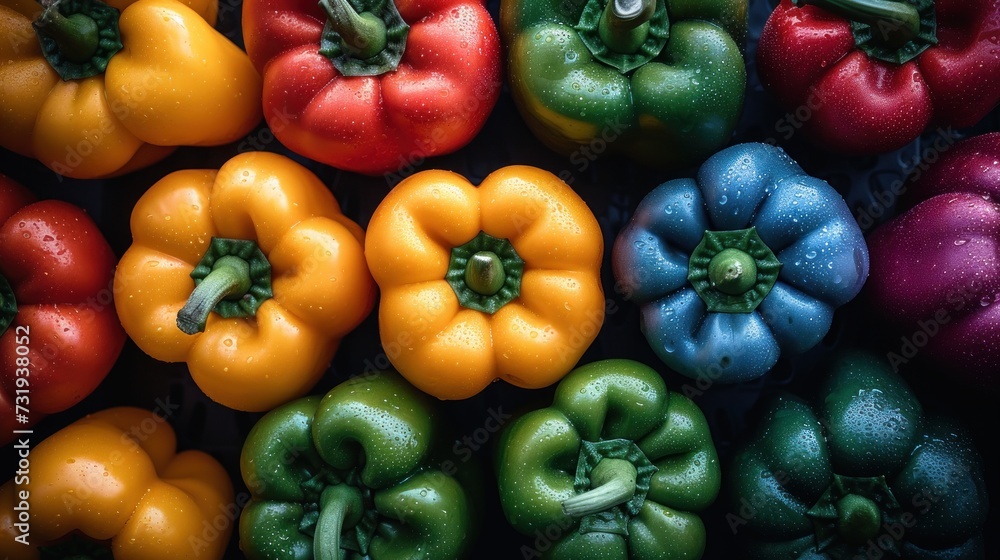 a group of different colored peppers with drops of water on the top and bottom of the peppers on the bottom of the peppers. a group of different colored peppers with drops of water on the top and bottom of the peppers on the bottom of the peppers.