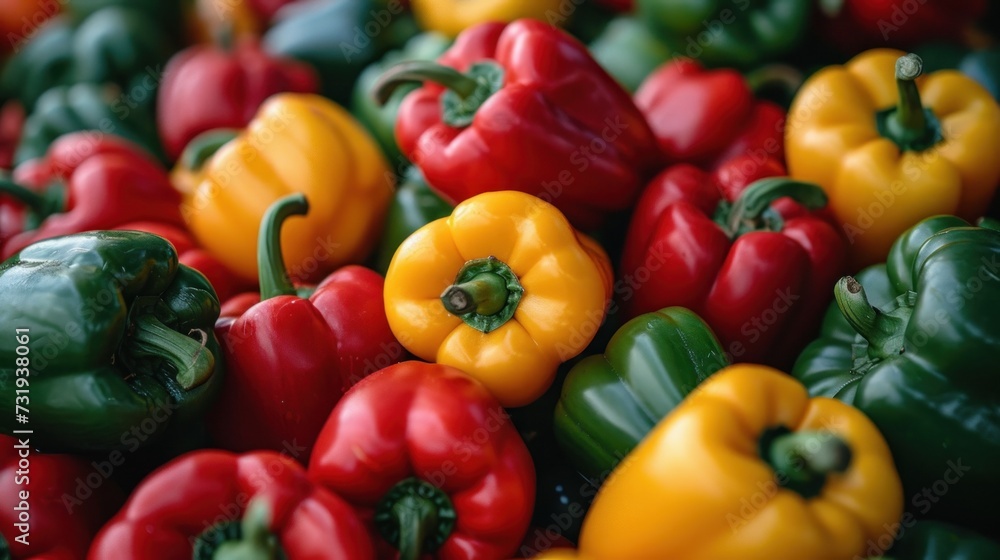 a pile of red, yellow, and green bell peppers with a green stalk in the middle of the pile. a pile of red, yellow, and green bell peppers with a green stalk in the middle of the pile.
