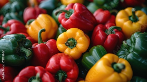 a pile of red, yellow, and green bell peppers with a green stalk in the middle of the pile.