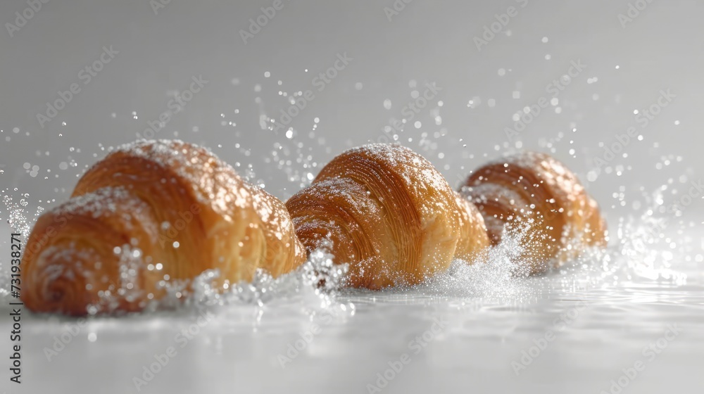 a group of croissants sitting on top of a table covered in powdered sugar on top of a white surface.