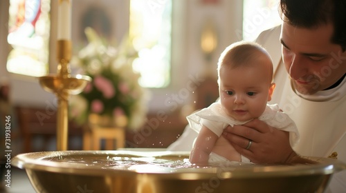 The priest in the church dips the child into the font with holy water, the baptism of the child, the Christian religion and ritual photo