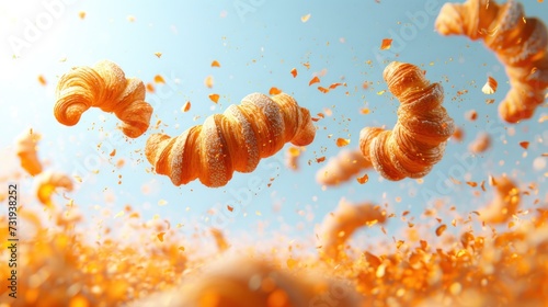 a group of croissants flying through the air in front of a blue sky with gold flecks. photo