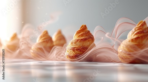 a group of croissants sitting on top of a table next to each other on top of a table.