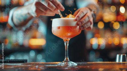 Close-up of a bartender's hands skilfully crafting a vibrant cocktail with a blurred bar environment.