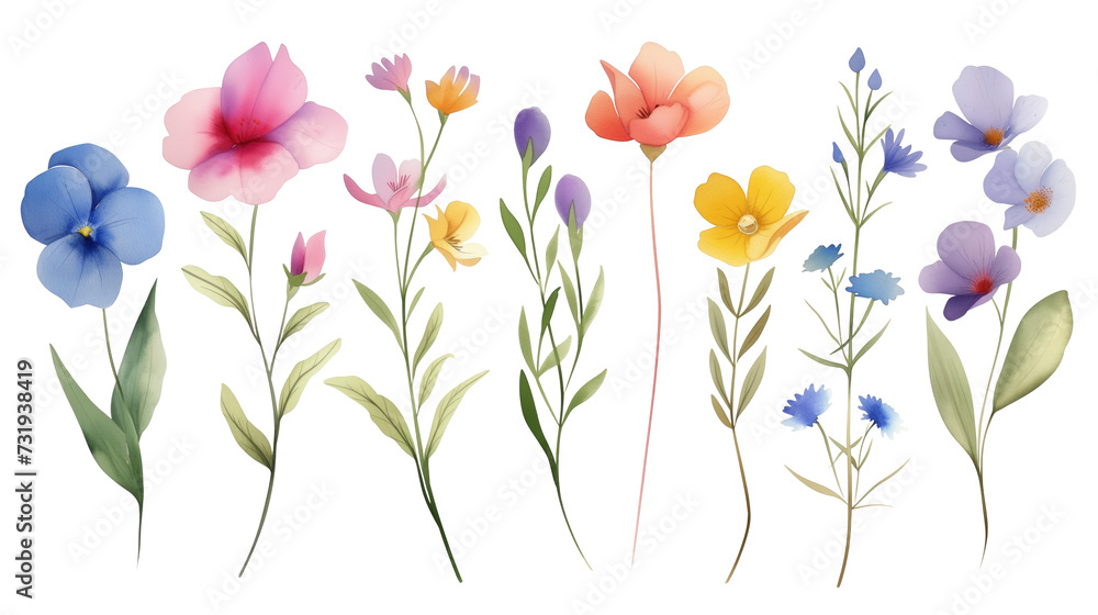 Set of colorful flowers on a transparent background. Watercolor illustration. Clipart PNG