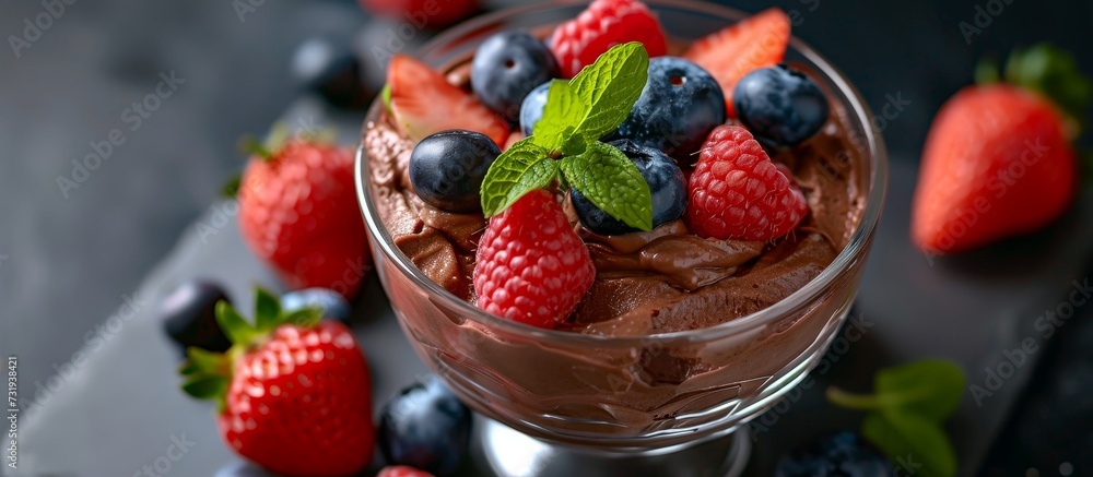 A delicious dessert of chocolate mousse topped with fresh strawberries and blueberries, elegantly presented on a table. A delicious dessert of chocolate mousse topped with fresh strawberries and blueberries, elegantly presented on a table.
