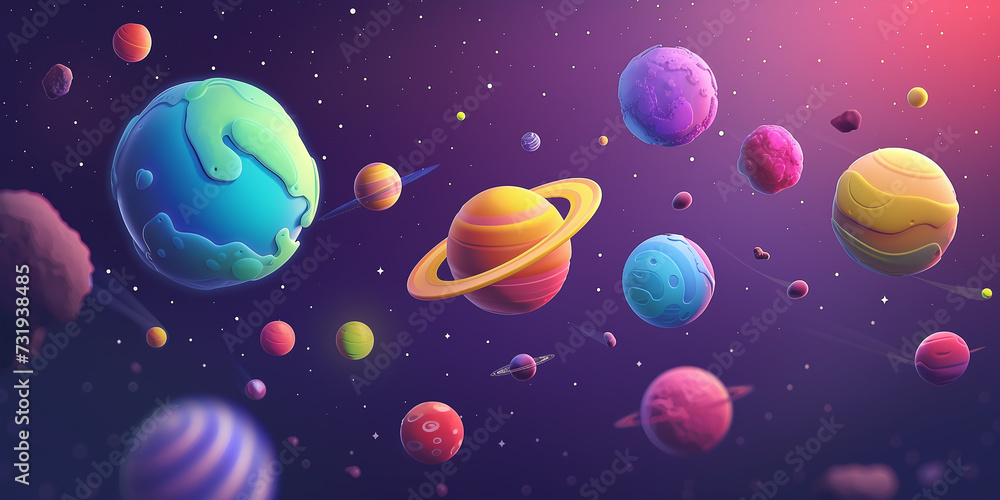 Bright colorful cute 3D planets in cartoon style flying Bright colorful cute 3D planets in cartoon style flying